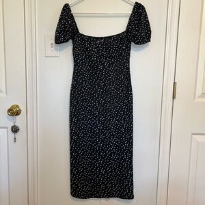 black and silver polka dot bodycon maxi dress with side slit